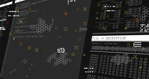 Blank UI drawing lines, adding red icons, showing code panels, animating Stock Footage 310637666