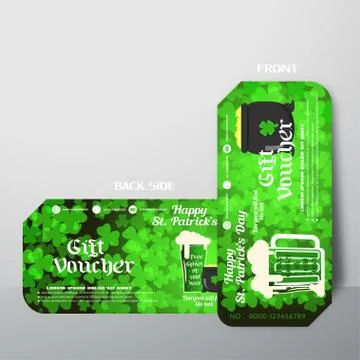 Blank of vector gift voucher for Happy St. Patrick's Day with green leaves .. Stock Illustration