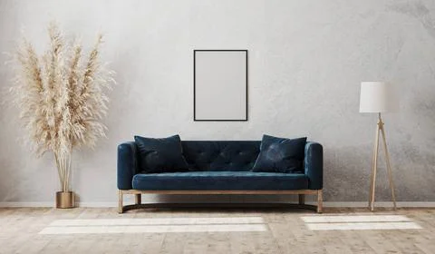 Blank vertical frame on gray decorative plaster wall in modern living room... Stock Photos