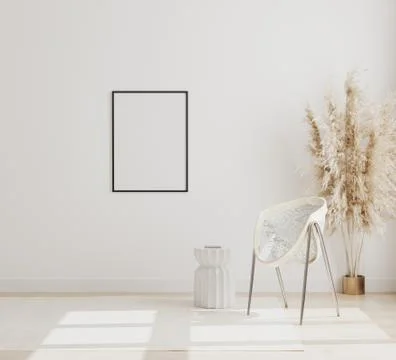 Blank vertical frame mock up on white wall in modern interior background with Stock Illustration