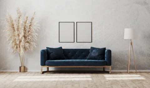 Blank vertical frames on gray decorative plaster wall in modern  living room  스톡 일러스트
