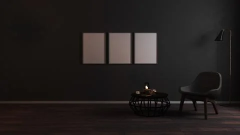 Blank vertical frames mock up in luxury dark living room interior background  Illustrazione stock