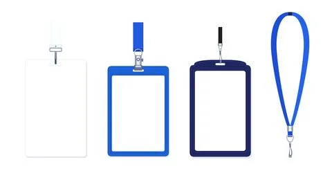 Blank vertical identification badge holders and blue lanyards set Stock Illustration
