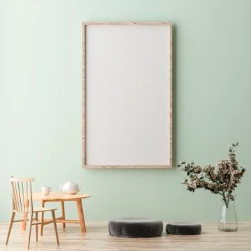Blank vertical poster frame mock up standing on green wall. One wooden frame  Stock Illustration