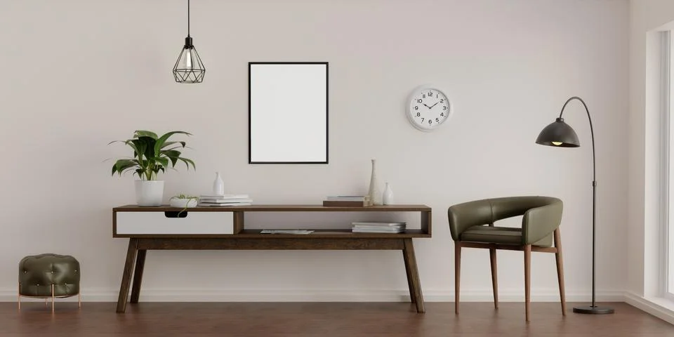 Blank vertical poster frame mock up in Modern living room with wooden cabinet Stock Illustration