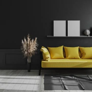 Blank vertical poster frame mock up on shelf in dark modern interior backgrou Stock Photos