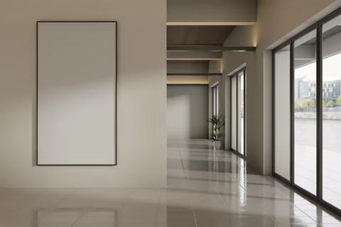 Blank Vertical Poster Frame Mockup on Wall in Modern Hallway with Large Windo Stock Illustration