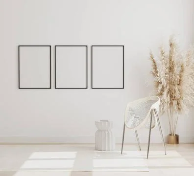 Blank vertical poster frames mock up on white wall in modern interior back... Stock Photos