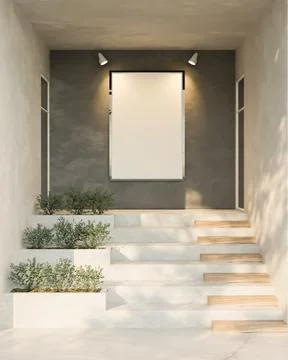 Blank Vertical Poster Mockup on Concrete Wall Above Minimalist Steps with S.. Stock Illustration