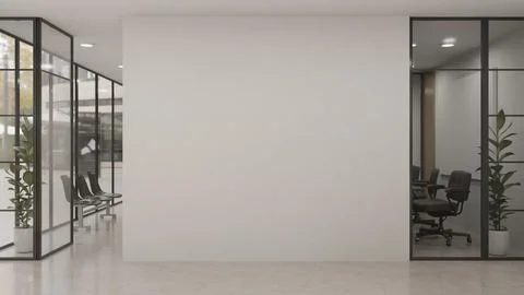 Blank Wall Mockup in Modern Office Lobby with Glass Partition Meeting Rooms Stock Illustration