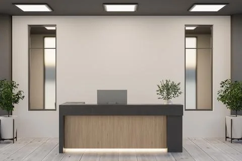 Blank Wall Mockup in Modern Office Reception with Wooden and Concrete Front.. Stock Illustration