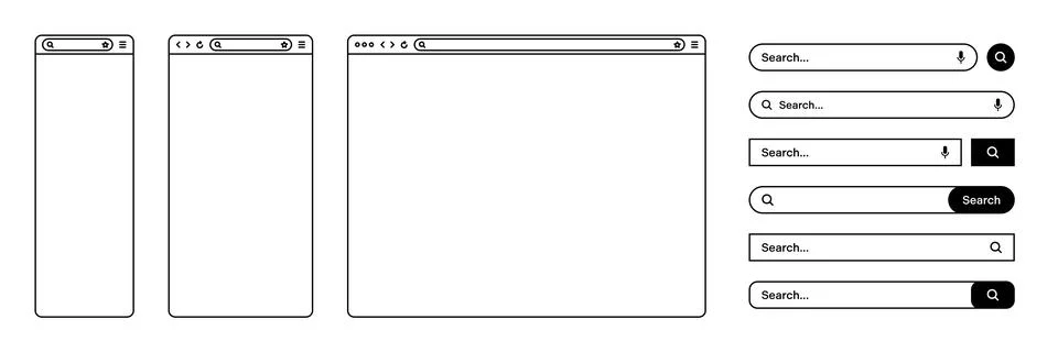 Blank web browser, internet page window with toolbar and search bar, field 스톡 일러스트