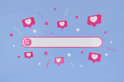 Blank web search bar and pink heart on blue background. Search bar template.. Stock Illustration