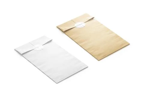 Blank white and craft rectangle paper bag with sticker mockup Stock Illustration