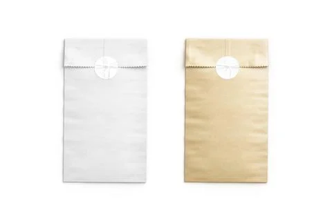 Blank white and craft rectangle paper bag with sticker mockup Stock Illustration