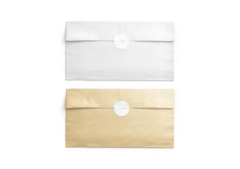 Blank white and craft rectangle paper bag with sticker mockup Stock Illustration