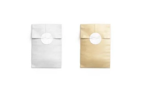 Blank white and craft rectangle paper bag with sticker mockup Stock Illustration