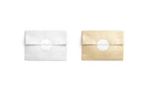 Blank white and craft rectangle paper bag with sticker mockup Fotos Stock
