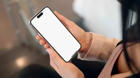 Blank White App Screen Template, Pretty Woman Holding iPhone Pro with Two Hands Stock Photos