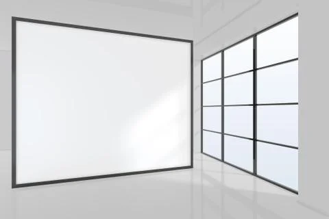 Blank white banner in empty open space office with big window. Mock up. 3d Illustrazione stock