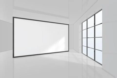 Blank white banner in empty open space office with big window. 3d rendering Stock Illustration