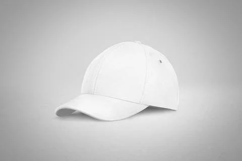 Blank white baseball cap mockup, half-turned view, gray background Stock Illustration