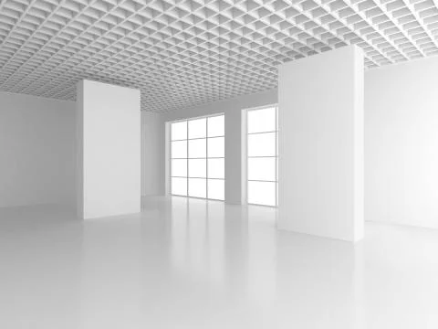 Blank white billboard in empty room with big windows, mock up, 3D Rendering Stock Illustration