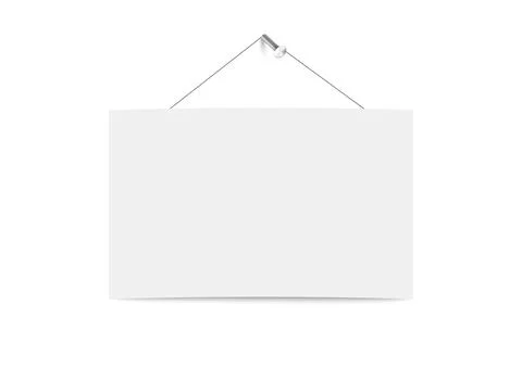 Blank white board hanging on string on metal straight nail hammered in wall. Stock Illustration