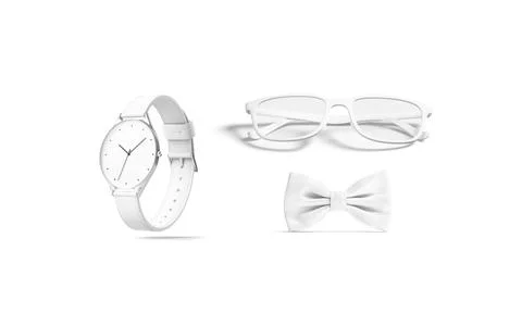 Blank white bow tie, glasses and watch mokup, isolated Stock Illustration