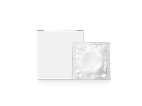 Blank white box with condom packet mockup, isolated, clipping path Illustrazione stock