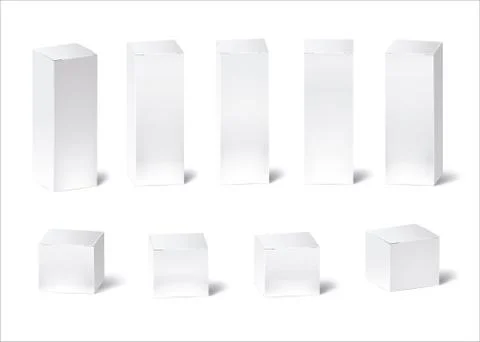 Blank white box mockup. Different positions of retail cardboard box Stock Illustration