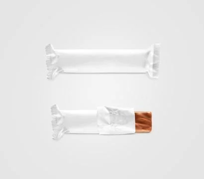 Blank white candy bar plastic wrap mockup isolated. Stock Photos