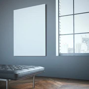 Blank white canvas in the gallery with leather chaise-longue. 스톡 일러스트