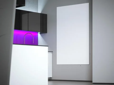 Blank white canvas on the wall in kitchen. 3d rendering 库存插图