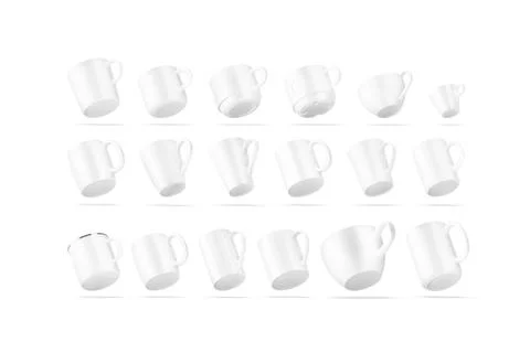 Blank white ceramic mug mockup, different types, no gravity Illustrazione stock