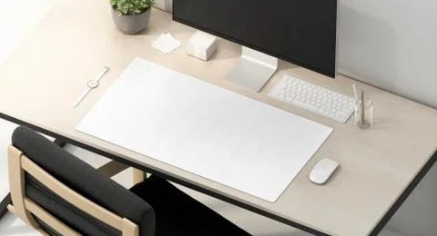 Blank white desk mat on work table mockup, side view Illustrazione stock