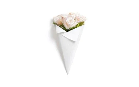 Blank white flowers packaging cone wrap mockup, top view Stock Illustration