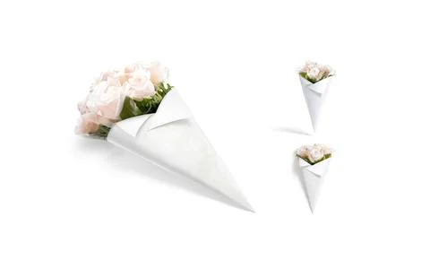 Blank white flowers packaging cone wrap mockup, different views Illustrazione stock