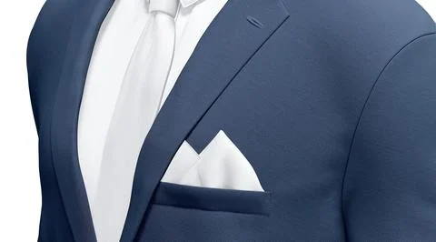Blank white folded pocket square in blue classic suit mockup Illustrazione stock