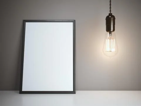 Blank white frame with glowing bulb. 3d rendering 库存插图