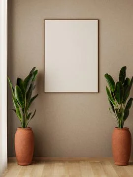 Blank white frame hanging on gallery wall over banana tree in clay pot on w.. Ilustração Stock