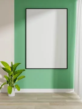 Blank white frame hanging on a mint green or turquoise wall over plant pot .. Ilustração Stock