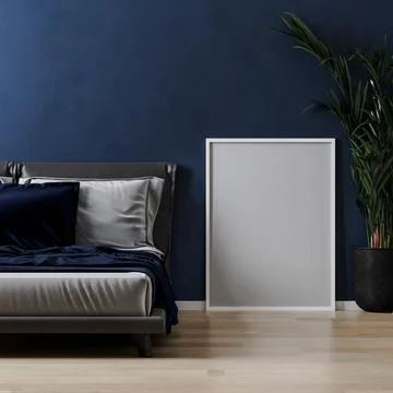 Blank white frame mock up near bed and plant in modern bedroom interior with  Stock Illustration