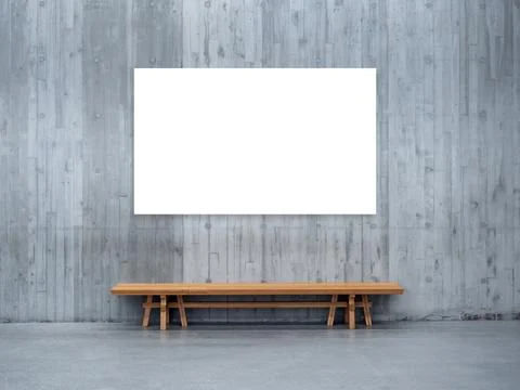 Blank white frame mockup on concrete wall with wooden bench in minimalist i.. Stock Photos