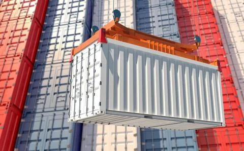 Blank white freight container hanging on a crane. Stock Illustration