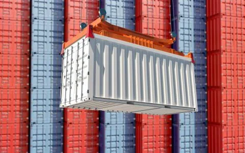Blank white freight container hanging on a crane. Stock Illustration