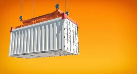 Blank white freight container hanging on a crane. Illustrazione stock
