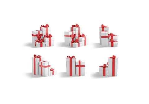 Blank white gift boxes with red bow mockup, different angles views Stock Illustration