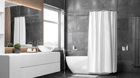 Blank white half open shower curtain mockup, half-turned view Illustrazione stock
