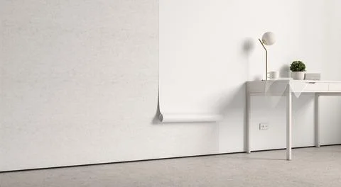 Blank white interior wallpaper twisted mockup on wall, side view Stock Illustration